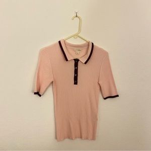 Maison Jules Pink Ribbed Collared Top with Maroon details